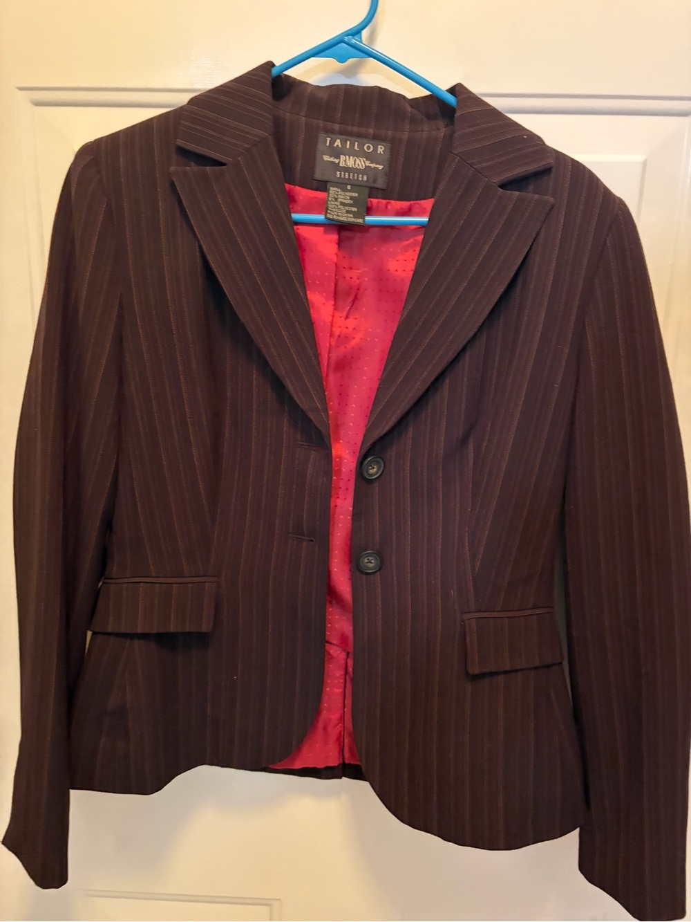Tailor B. Moss Brown Pinstripe Blazer with Red Lining